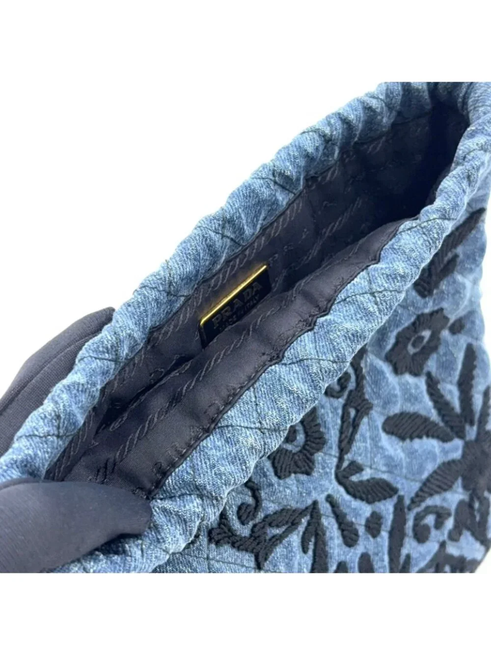 Prada Embroidery Drawstring Leather Denim Blue Pouch